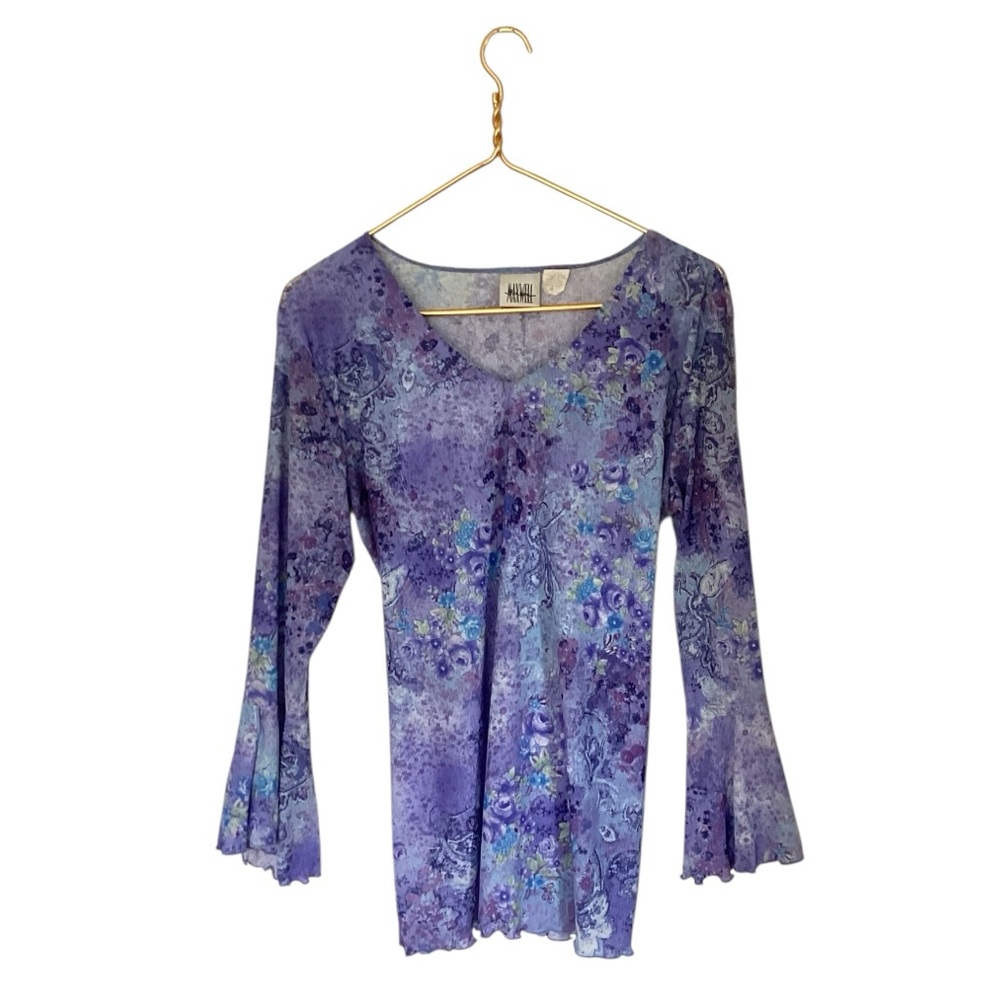 Y2K Maxwell Sheer Fairy Y2K V Neck Blue Paisley Floral Print Blouse Top M